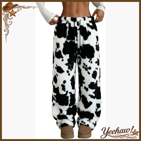 Plush Fuzzy Pajama Pants Elastic Waist Drawstring Wide Leg Lounge Sleepwear